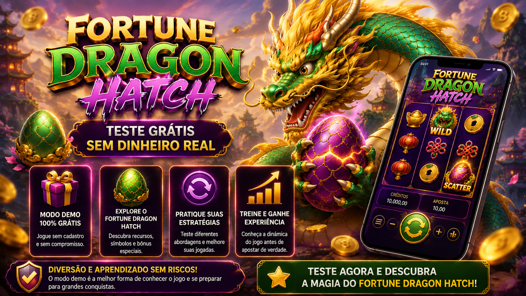 Experimente o Fortune Dragon Hatch gratuitamente e descubra seus recursos, símbolos e bônus sem precisar utilizar dinheiro real.